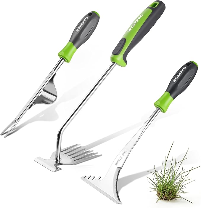 WORKPRO 3-Piece Weed Puller Tool Set – 15" 6-Tine Weed Remover, 12" Hand Weeder, 12.5" Crack Weeder, Stainless Steel with Ergonomic Handle for Lawn, Garden, Yard