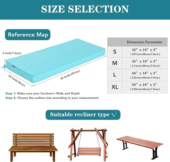Outdoor Bench Cushion 59 x 18 Inch Thick Waterproof Porch Swing Cushions with Tie Patio Furniture Chair Cushion Bench Pad Color Fastness Backyard Seat Pads, Light Blue