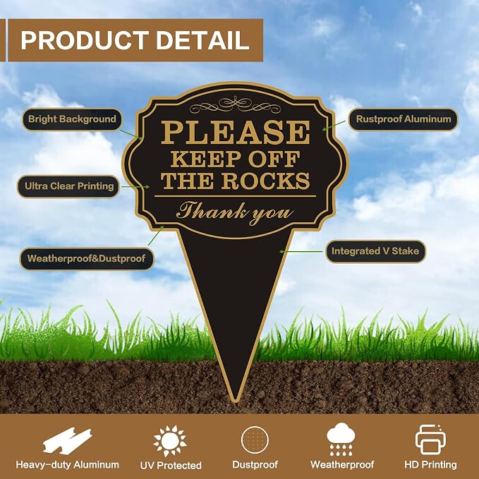 Double Sided Yard Sign, Please Stay Off with Stake, 10"x14" Keep Off the Rocks Message for Lawn or Garden, Rust-Free Metal, Weatherproof for Outdoor Use(KEEP OFF THE ROCKS-1PACK)