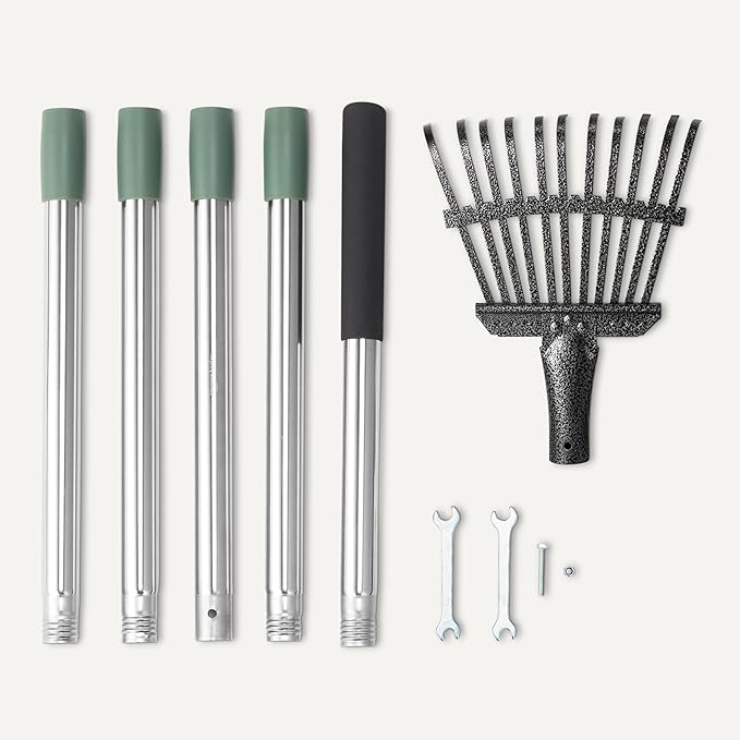 Amazon Basics Garden Rake, Leaf rake with 38.5" - 80.5" Adjustable Steel Handle, Gardening tools for Yard Work, Olive/Black/Silver