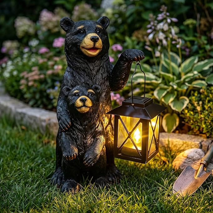 Black Bear Garden Statue with Solar Lantern, Bear Figurine Lights for Outside, Yard Garden Decor Unique Birthday Housewarming Gifts for Women, Mom