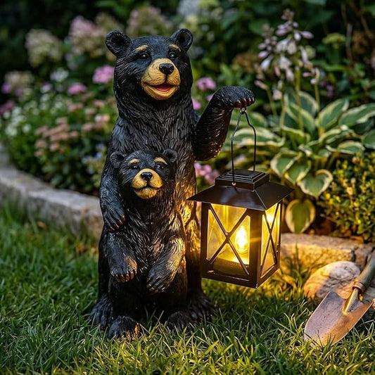 Black Bear Garden Statue with Solar Lantern, Bear Figurine Lights for Outside, Yard Garden Decor Unique Birthday Housewarming Gifts for Women, Mom