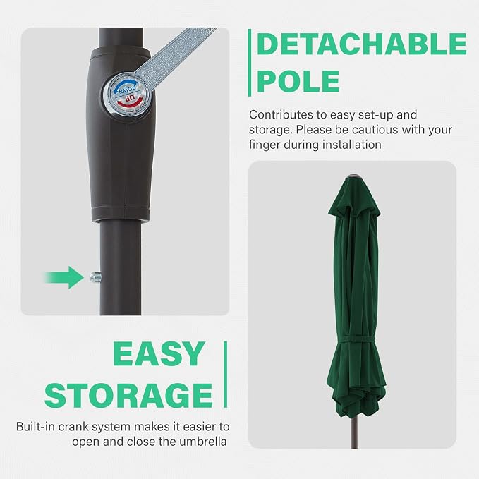 JEAREY 7.5FT Patio Umbrella Outdoor Market Umbrella with 6 Sturdy Ribs, Push Button Tilt/Crank Table Umbrella for Garden, Deck, Backyard and Pool, Dark Green