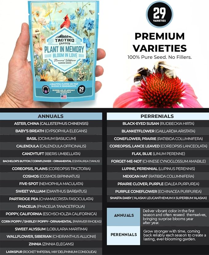 Tactiko Garden 29 Memorial Wildflower Seeds Mix – 30,000+ 1 oz Remembrance Garden Seeds for Loved Ones & Pets – Sympathy Gift, Funeral Favors, Celebration of Life Garden Kit, 150 sq ft Coverage