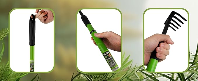 Garden Rake with Telescopic Handle (27-39") Adjustable, Long Handle Small Hand Rake for Gardening Flower Beds & Tight Spaces, 5-Tine Metal Cultivator No Bending Elderly Friendly Weeding Tool