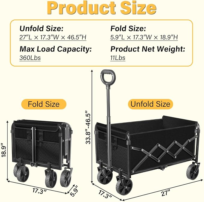 Wagons Carts Foldable - Collapsible Wagon 360Lbs, Folding Wagon Cart with Wheels, Foldable Wagons Portable for Groceries, Sports, Camping, Storage, Travel, Shopping -Jet Black