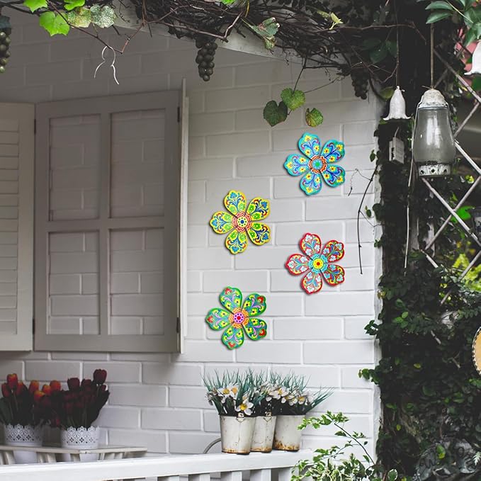 Giyyomtr Metal Flowers Wall Decor - 4pcs Metal Flower Wall Art Hanging Decorations for Outdoor Fence Garden Yard Patio Decor