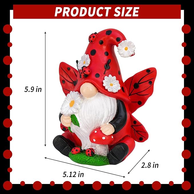 Ladybug Gnome Garden Decor, Fairy Garden Gnome Figurine with Flowers, Spring Summer Outdoor Decorations for Yard Lawn Patio, Ladybug Gifts for Women