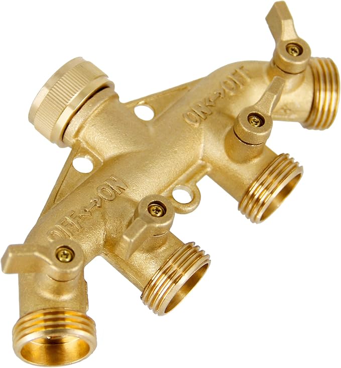 Lifynste 4 Way Brass Hose Splitter, 3/4" Heavy-Duty Brass Garden Hose Splitter, Garden Hose Adapter Connector