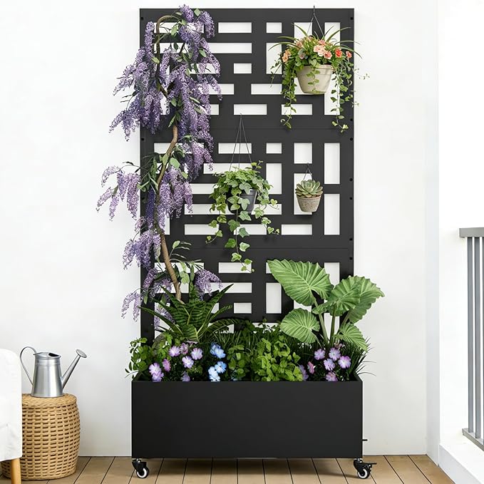 Baotree Metal Raised Garden Bed with Trellis and Wheels, 72"x 35"x 16" Privacy Planters for Patio, Planter Box with Drainage Holes for Climbing Plants, Flower, Vegetable (Black-Helen)