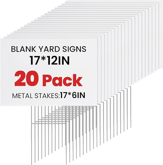 20 Pack Yard Signs with Metal Stakes, Custom Yard 17 x 12 Inches, Corrugated Plastic Board for Sale Sign Outdoor, Rent, Guidepost, Garage Sale Signs, Birthday Party