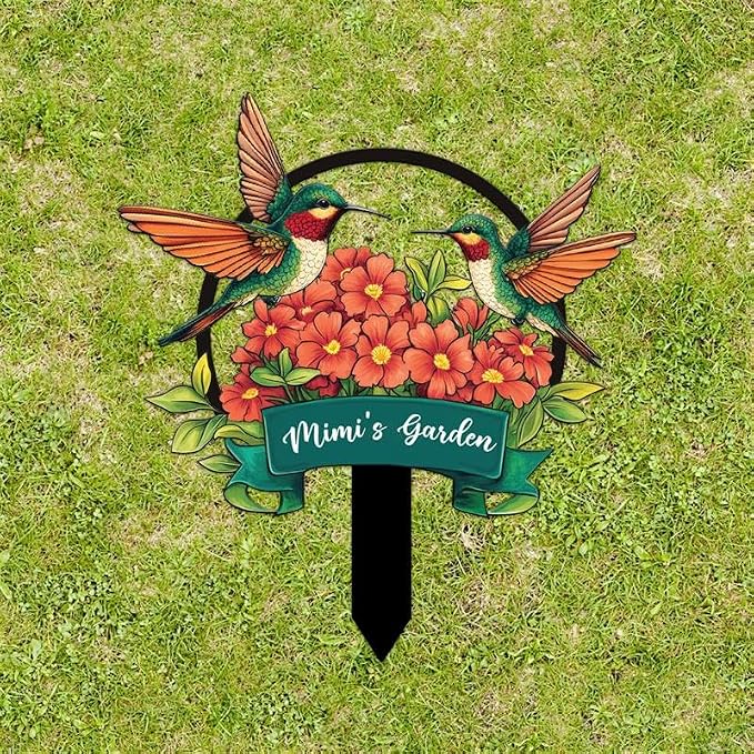 Personalized Metal Yard Sign for Mother's Day, Bird & Flower Design, Gift for Garden Lovers, Metal Sign, Garden Decor (Hummingbird)