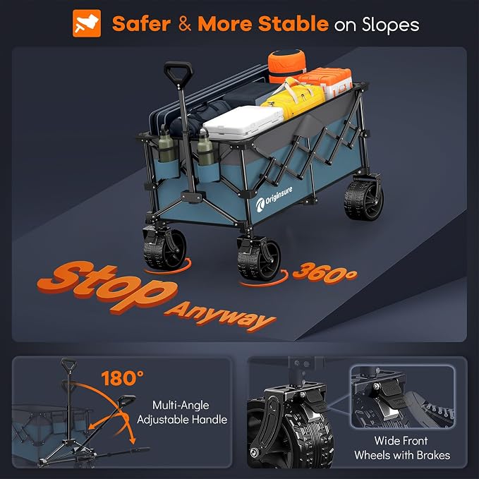 Originsure 220L Collapsible Wagon Cart Foldable, 460lbs Load Capacity Heavy Duty Folding Beach Wagons with Big All-Terrain Wheels, Utility Carts for Groceries, Shopping, Camping, Sports - Grey&Blue