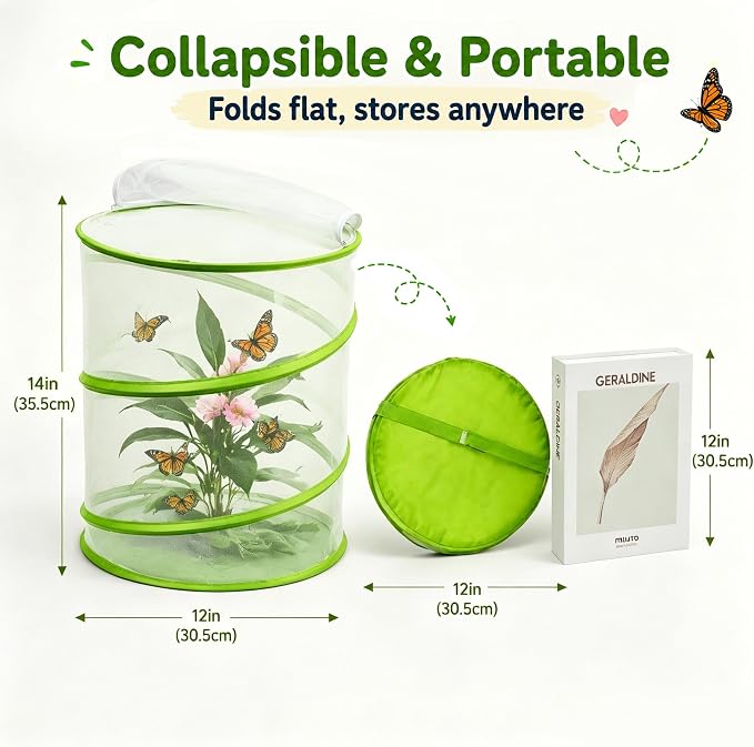 Butterfly Habitat Mesh Cage，12" x 14" Pop-up Breathable Insect Bug Net Butterflies Cage Tall (Green)