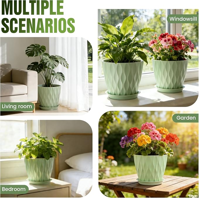 8 Inch Wave Plant Pots with Drainage Holes & Saucers, 4 Pack Modern Textured Medium Planters for Indoor Outdoor Plants, Decorative Flower Pots Repotting Set for Flowers, Herbs (Green)