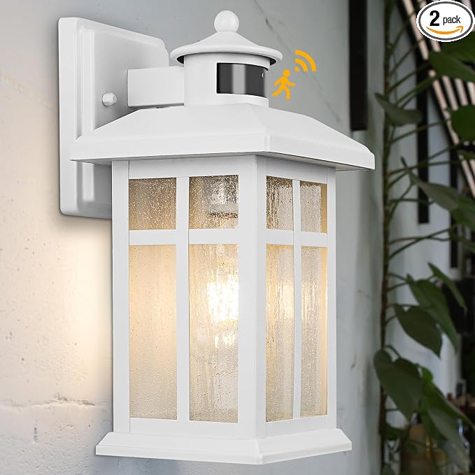 Brilvibera Dawn to Dusk Motion Sensor Wall Light Fixtures - White Wall Mount with E26 Sockets & Tempered Glass, Waterproof Outdoor & Indoor Lights for House, Porch, Garage, Door