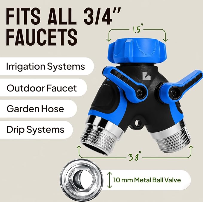 LIME 2 Way Hose Splitter Heavy Duty - Metal Y Garden Hose Splitter with Shutoff Valves, Brass Outdoor Faucet Adapter for Spigot, 3/4 Inch GHT Water Hose Connector - Blue