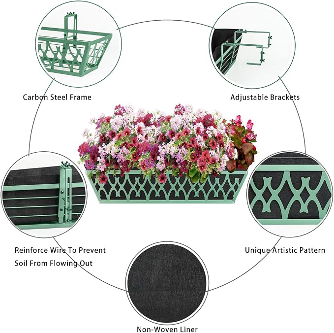 2 Pack 24 Inch Window Boxes Planters Railing Planter Box with Adjustable Brackets & Non-Woven Fabric Plant Grow Bags Deck Railing Planter Boxes Balcony Hanging Flower Box for Outdoor Plants