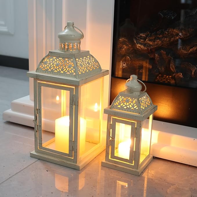 Large Lantern Decorative Outdoor & Indoor, Set of 2 (14’’&10’’) Metal Candle Lanterns Decor, Vintage Hanging Candle Holder for Front Porch Patio Wedding Farmhouse Home, Spring Decoration