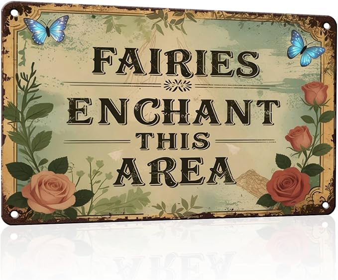 PEACHGARDEN Fairy Whimsical Metal Tin Sign Enchanted Fairy Vintage Wall Art Decor for Garden Patio Yard Plant Room Greenhouse She Shed 8x12 inch