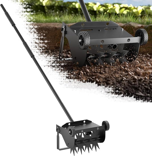 Lineware 9-Inch Lawn Aerator with Steel Handle,Heavy Duty Push Spike Aerator with 2 Wheels,Aerator Lawn Tool, Manual Aerator Lawn Tool with Foam Armrests, Suitable for Lawn, Garden and Yard