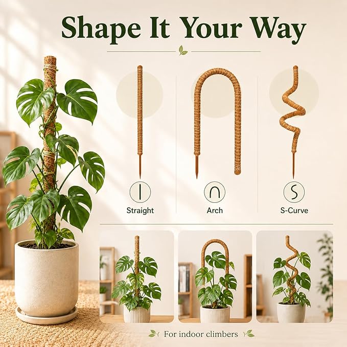Moss Pole Monstera Plant Support, 2 Pack 28 inch Bendable Plant Support for Indoor Climbing Plants, Heavy-Duty Plant Trellis with Jute Rope & Straps