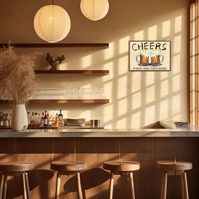 Tin Sign Cheers To Good Times And Good Friends Metal Sign Bar Sign Retro Aluminum Sign Wall Decor for Bar Cafe Kitchen Pub Club Living Room Bedroom 12×8 Inch
