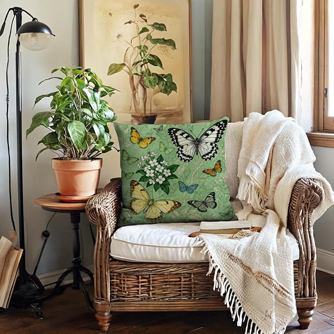 Vintage Butterfly Throw Pillow Cover 18x18 inch,Watercolor Bloom Flowers Garden Cushion Cover Farmhouse Nature Theme Spring Home Decorative Pillowcase ,4Pack for Sofa Couch Porch Patio (Beige)