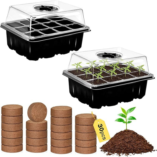 Zeedix 2 Set Seed Starter Tray Kits with Soil, 2 Pack Seed Trays with 30 Pack Coco Coir Pellets, Adjustable Humidity Germination Tray with Dome Lids for Indoor Plants, Greenhouse for Vegetables Garden