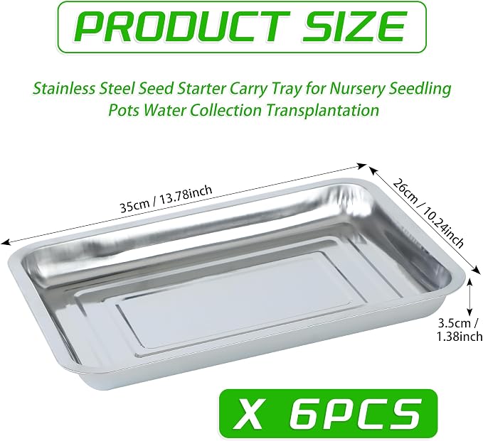 6 Pack Seed Starter Tray 13.78x 10.24x 1.38Inch Plant Germination Trays Stainless Steel Seed Sprouting Trays Microgreens Growing Trays