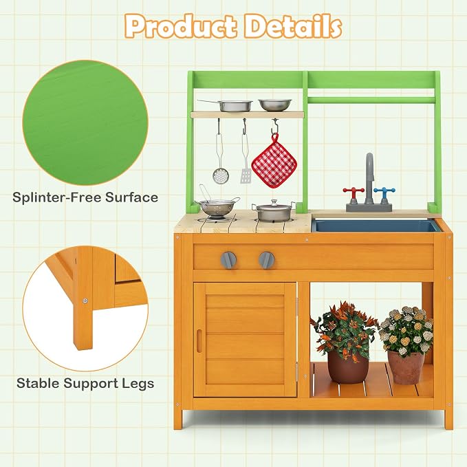 HONEY JOY Mud Kitchen, Fir Wood Outdoor Play Kitchen for Toddlers, Stove, Faucet, Sink, Cookware Accessories, Storage Cabinet, Mud Table Playset for Kids Backyard, Gift for Boys Girls, Natural