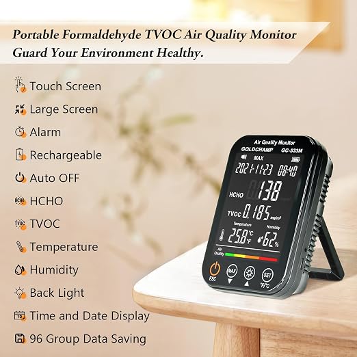 4in1 Air Quality Monitor Indoor Formaldehyde Detector Test HCHO/TVOC/Temp(℃/℉) /Humidity Sensor Air Analyzer with Digital LCD Screen, Smart Alarm，Auto Shutdown，Data Storage for Home, Cars, Plants