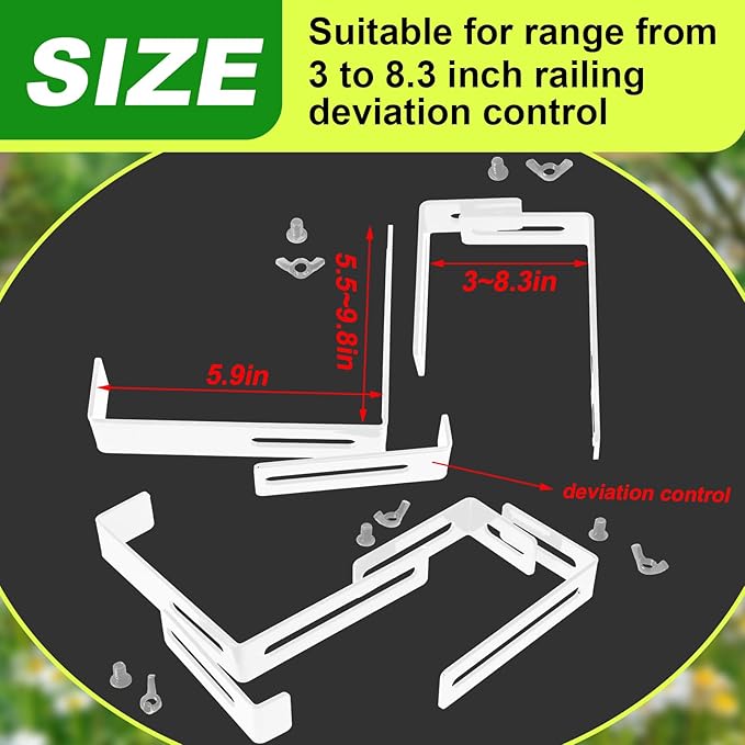 Leinuosen 8 Pcs Adjustable Window Boxes Brackets Planter Box Bracket Heavy Duty Deck Railing Hanging Flower Stand for Windowsill Garden Fence Balcony (White)
