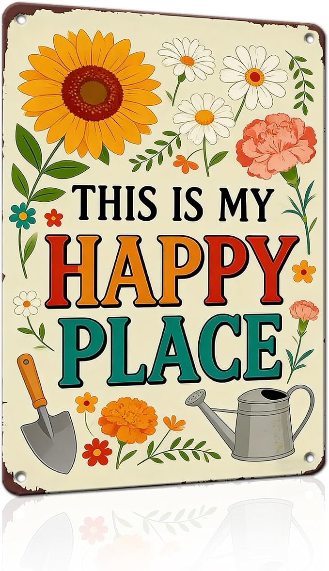 PEACHGARDEN Garden Signs This Is My Happy Place for Woman Gifts Garden Wall Decor Metal Tin Sign for Patio Yard She Shed Cabin 8x12 inch
