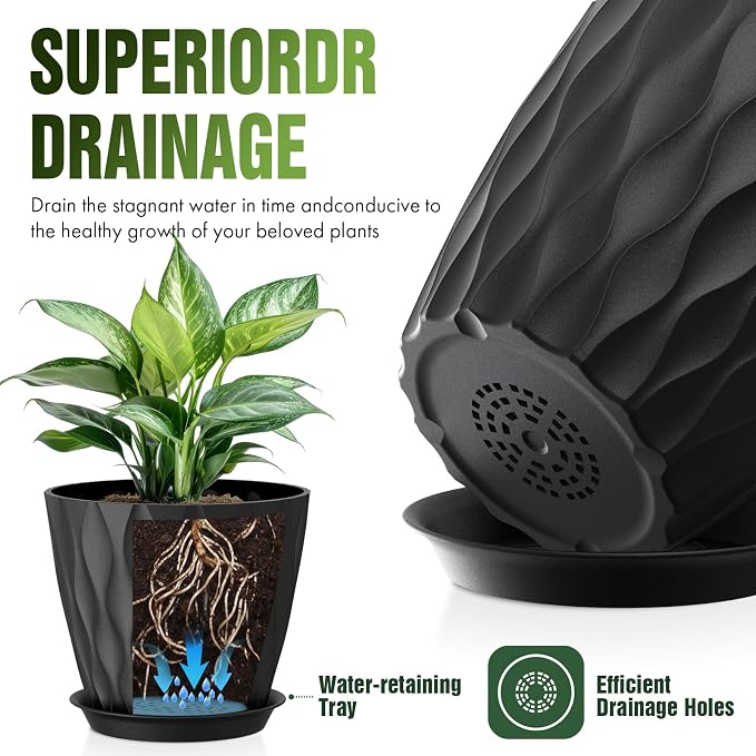 8 Inch Wave Plant Pots with Drainage Holes & Saucers, 4 Pack Modern Textured Medium Planters for Indoor Outdoor Plants, Decorative Flower Pots Repotting Set for Flowers, Herbs (Black)