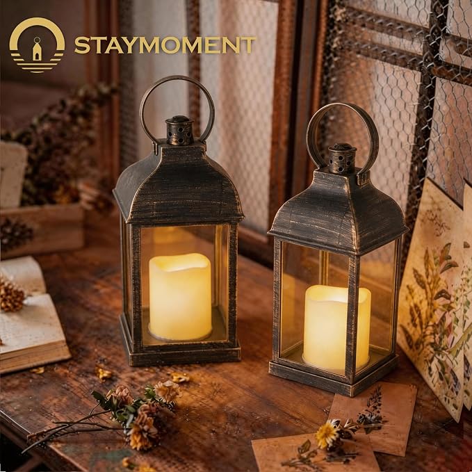 Wedding Decor Bronze Lanterns: 6 Pcs LED Flameless Decorative Indoor Outdoor Rustic Candle Holder Bulk for Tables Centerpieces
