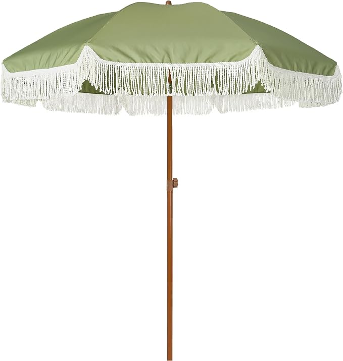 AMMSUN 7ft Patio Umbrella with Fringe Outdoor Tassel Umbrella UPF50+ Premium Steel Pole and Ribs Push Button Tilt, Sage Green