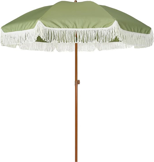 AMMSUN 7ft Patio Umbrella with Fringe Outdoor Tassel Umbrella UPF50+ Premium Steel Pole and Ribs Push Button Tilt, Sage Green