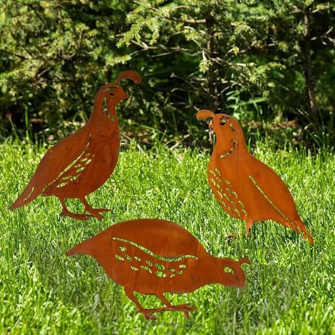 3 Pack Rusty Quail Family Decorative Garden Stakes, Metal Birds Statues Garden Sculptures and Yard Art, Patio, Lawn Ornaments Decor(Brown)