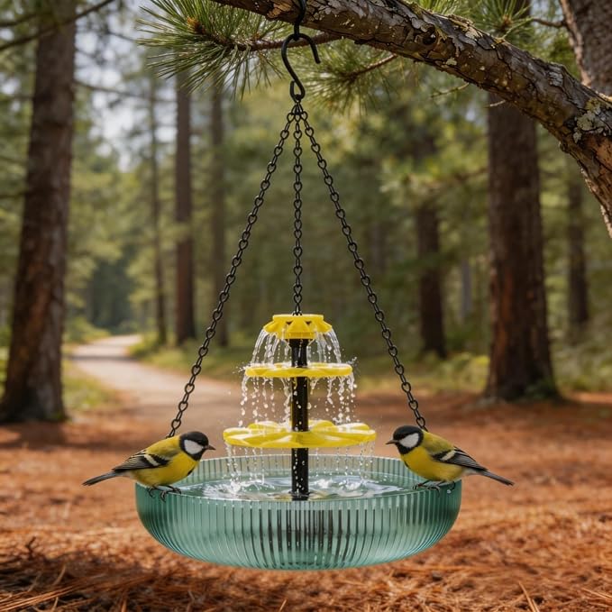3-Tier Hanging Solar Cascading Bird Bath Fountain, 16.4FT/Extra Long Cord Solar Cascading Bird Bath Fountain for Garden Patio Yard Hummingbirds & Wild Birds