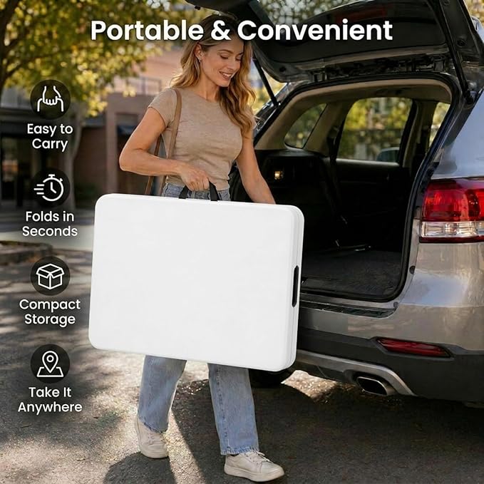 HAISIWLKJ Folding Table 5 FT Camping Table Portable Heavy Duty Plastic Rectangular Outdoor Dining Table Steel Legs Fold-in-Half with Carrying Handle for Indoor,Picnic,Party,Wedding,Events(White)