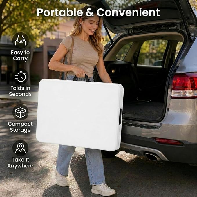 Set of 2 Folding Table 5 FT Camping Table Portable Heavy Duty Plastic Rectangular Outdoor Dining Table Steel Legs Fold-in-Half with Carrying Handle for Indoor,Picnic,Party,Wedding,Events(White)