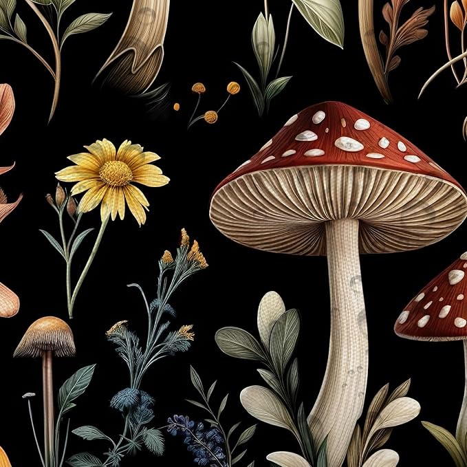 Vintage Mushroom Shower Curtain, Witchy Aesthetic Black Boho Floral Retro Botanical Shower Curtain Set, Fairy Dark Wildflower Plant Decorative Farmhouse Bathroom Accessories Curtain with Hook 70X70IN