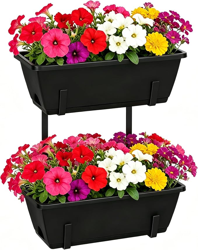 Railing Planter Boxes 2 Pack Window Boxes Planters with 2-Tier Adjustable Brackets, 17'’ Deck Railing Planter Boxes Vertical Balcony Hanging Flower Pots for Fence Rail Porch Garden Decor