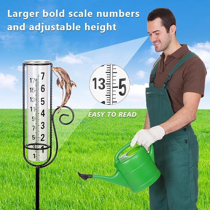 Rain Gauge Outdoor with 7 Inch Glass Tube, Rain Gauges Large Clear Numbers Measure Gauge for Yard, Garden, Lawn(Dolphins)