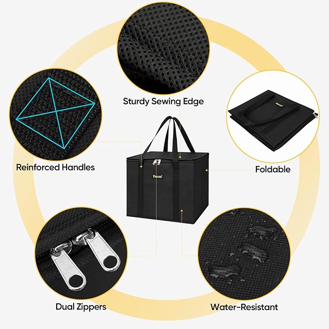 BALEINE 1Pk Insulated Reusable Grocery Bags, Foldable Shopping Bags for Groceries with Reinforced Bottom & Handles (Black)