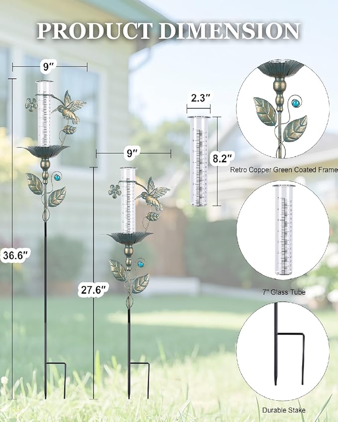 shumi Rain Gauge Outdoor Hummingbird, Upgraded Glass Rain Gauge Outdoors Best Rated, Freeze Proof Adjustable Height Rain Gauges for Yard Garden Decor, Gardening Gifts for Women