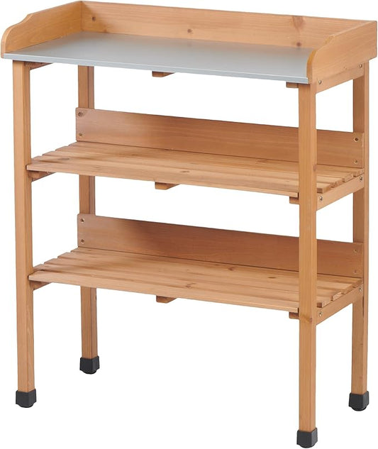 Potting Bench with Metal Tabletop 3-Tier Outdoor Potting Table for Garden Solid Wood Workstation with Hooks for Garage Light Brown 30"x14.5"x35.5"