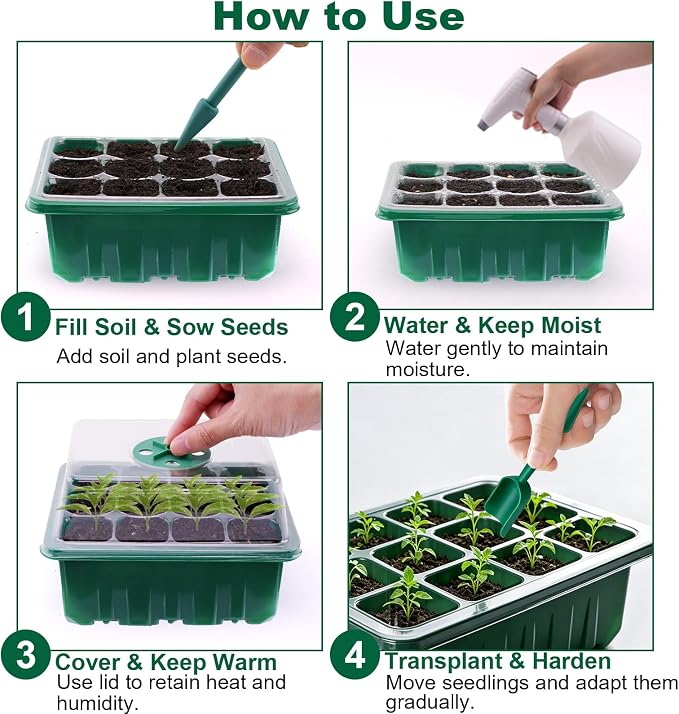 Seed Starter Tray Kit, 12 Pack 144 Cells with Humidity Dome, Reusable Seedling Trays with Drainage Holes, Plant Germination Kit with Labels & Tools for Mini Greenhouse Propagator Indoor Garden