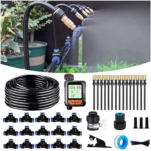 66FT Drip Irrigation Kit, Automatic Garden Watering System with Tool-Free Quick Connectors, 360° Bending Droppers & Copper Misting Nozzles for Greenhouse, Patio, Lawn & Vegetable Garden. (20M)